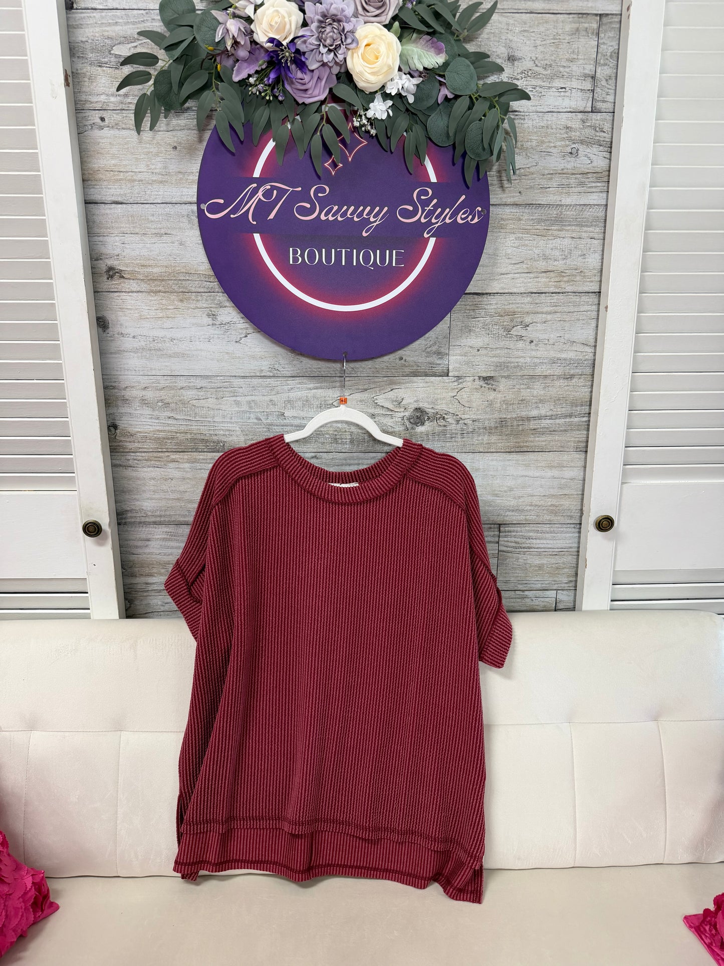 Curvy Raised Rib cuff sleeve edge top Zenana