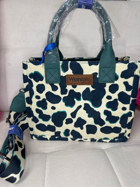 Wrangler cowprint tote turquoise concealed carry