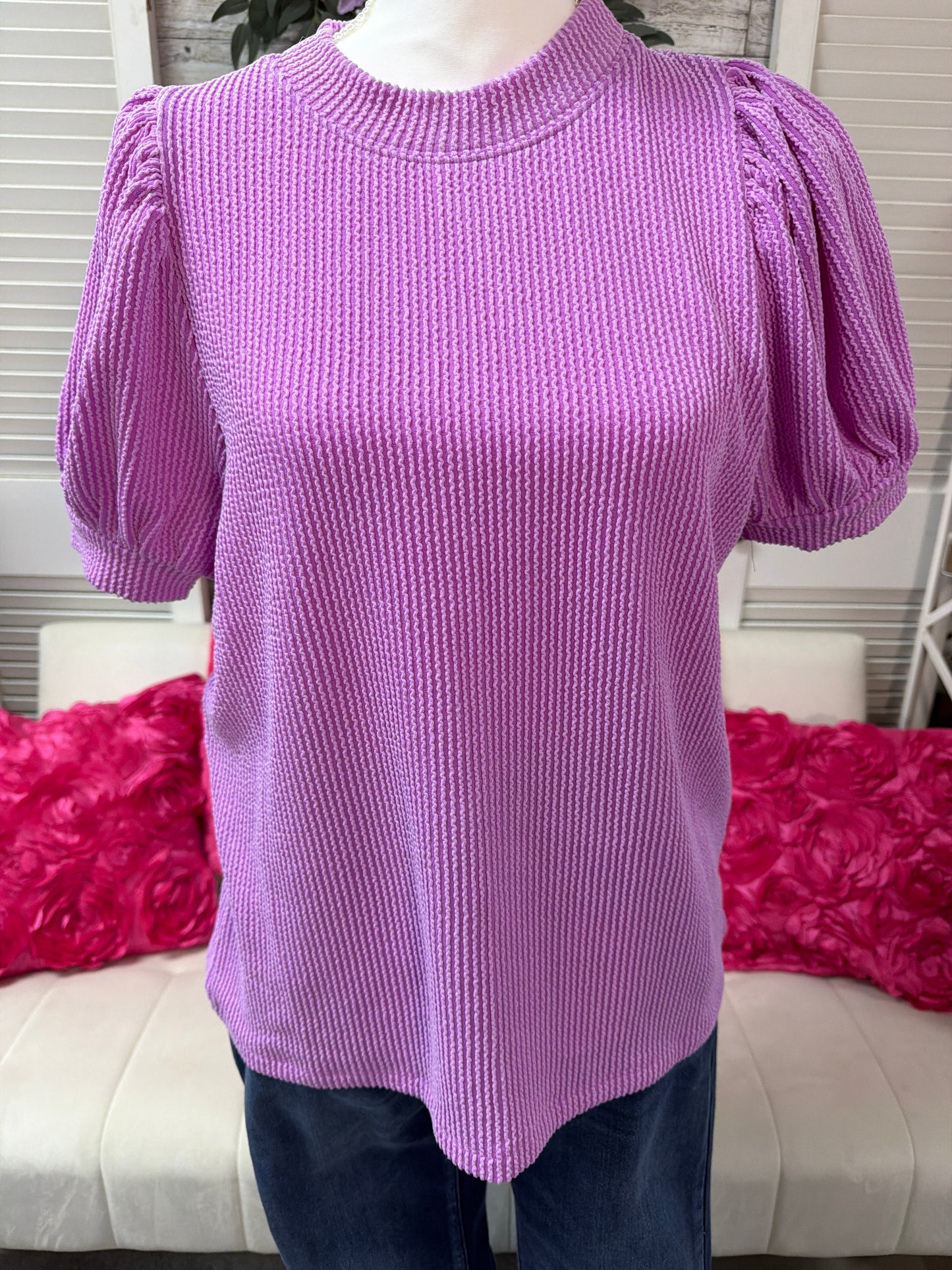 RAISED RIB PUFF SLEEVE TOP