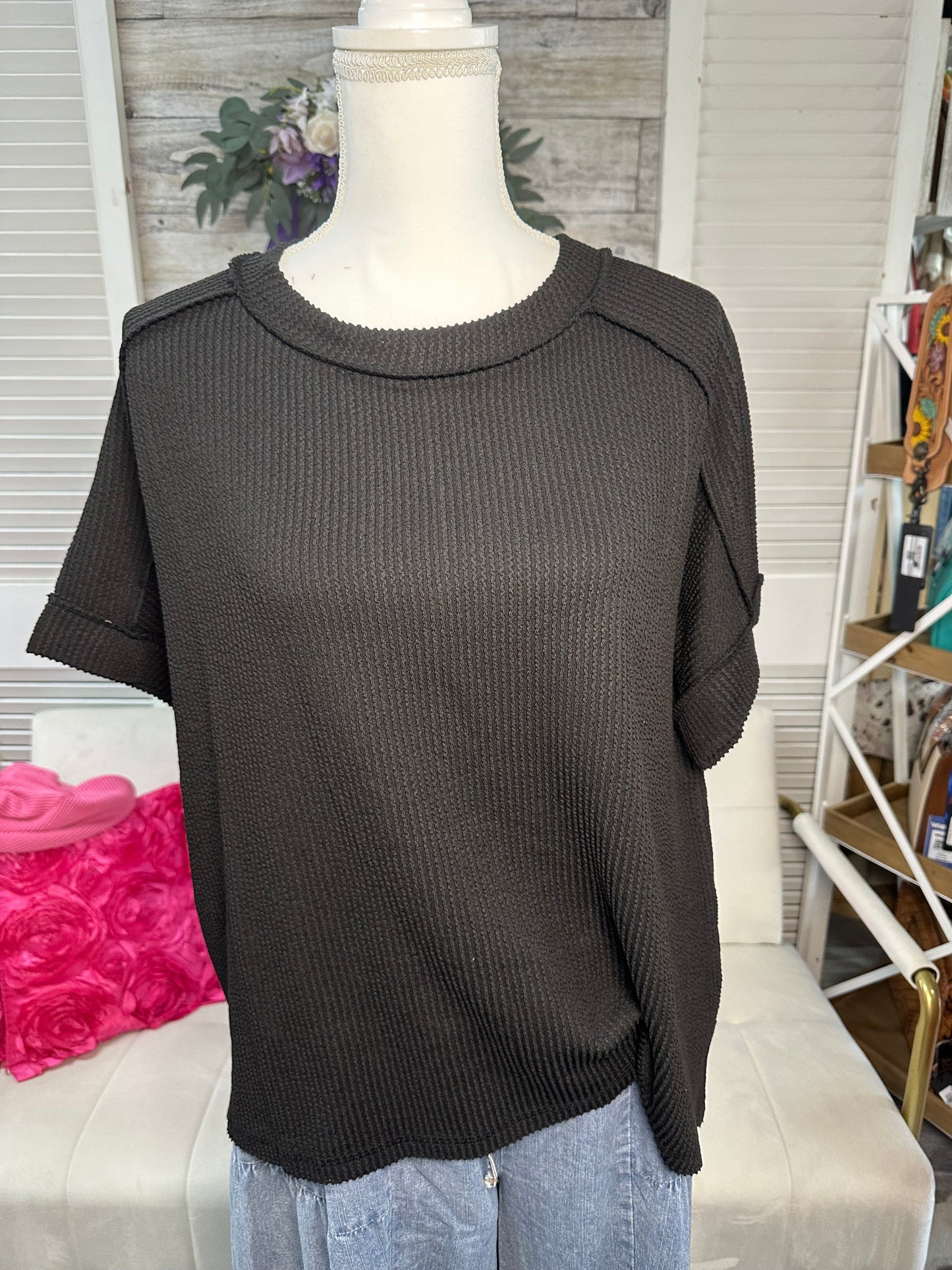 Curvy Raised Rib cuff sleeve edge top Zenana