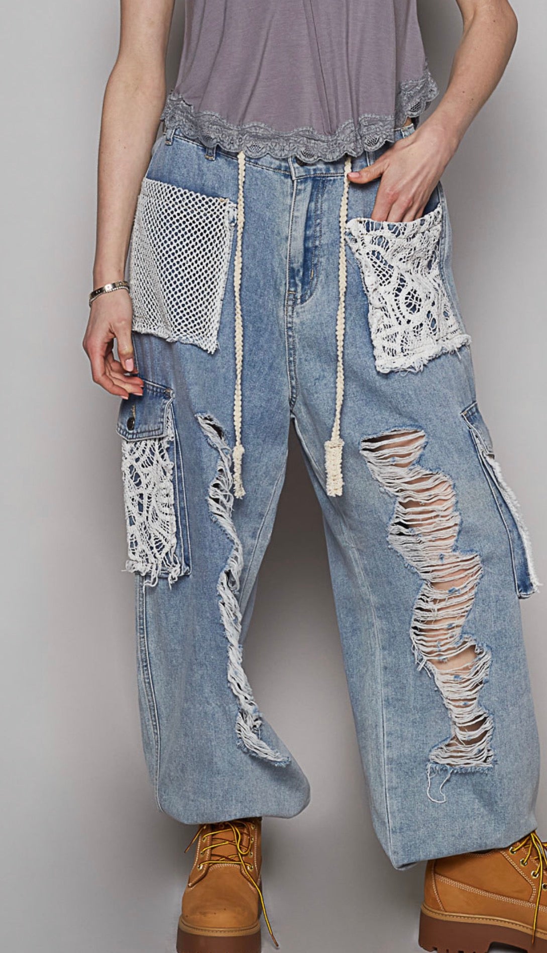 POL Jogger style pants w lace denim color