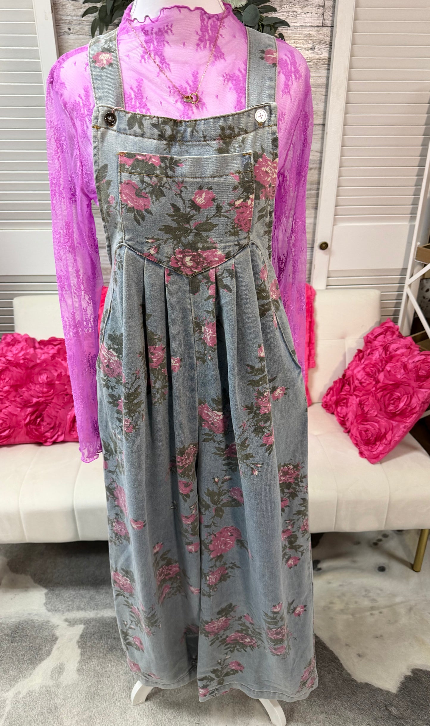 Blue floral print high waist denim jump suit
