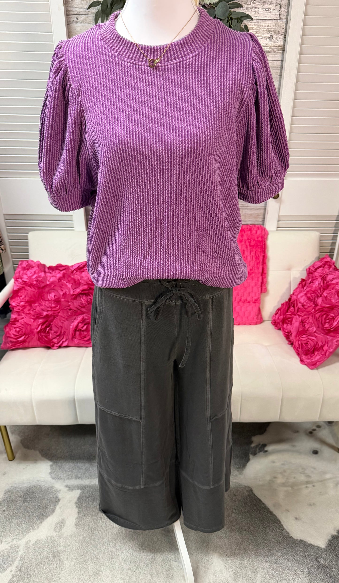 French Terry washed exposed seam wide leg pant