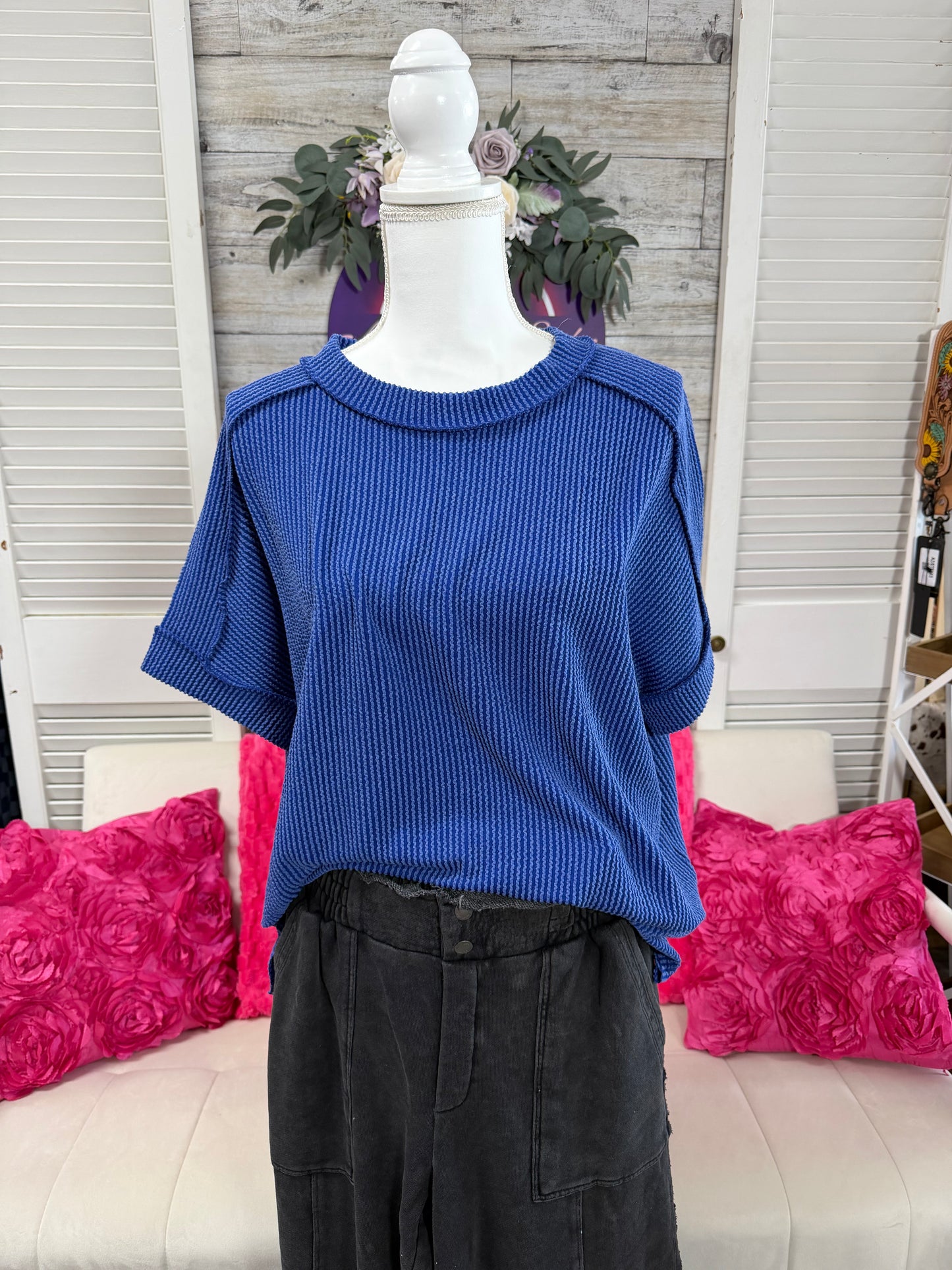 Raised rib cuff raw edge top Zenana