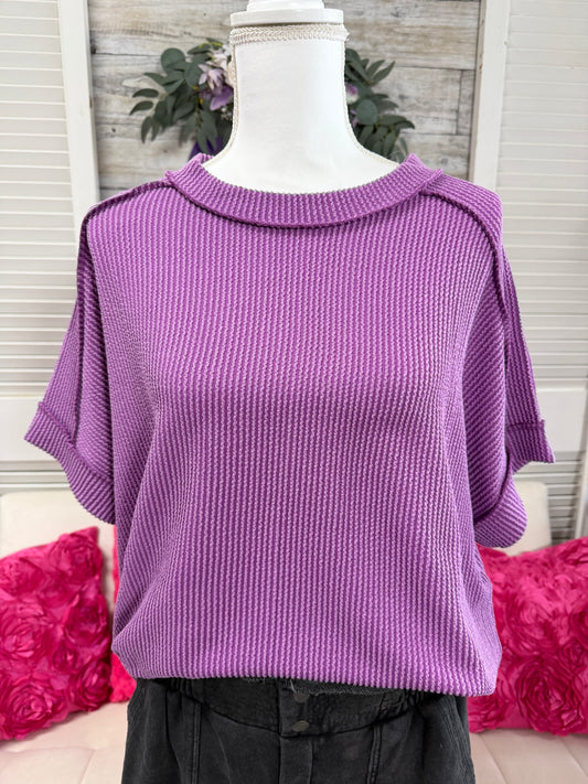 Raised rib cuff raw edge top Zenana