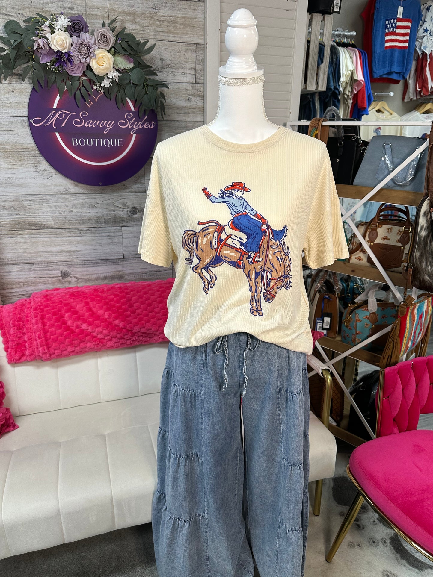 Rodeo Queen red white and blue waffle tee