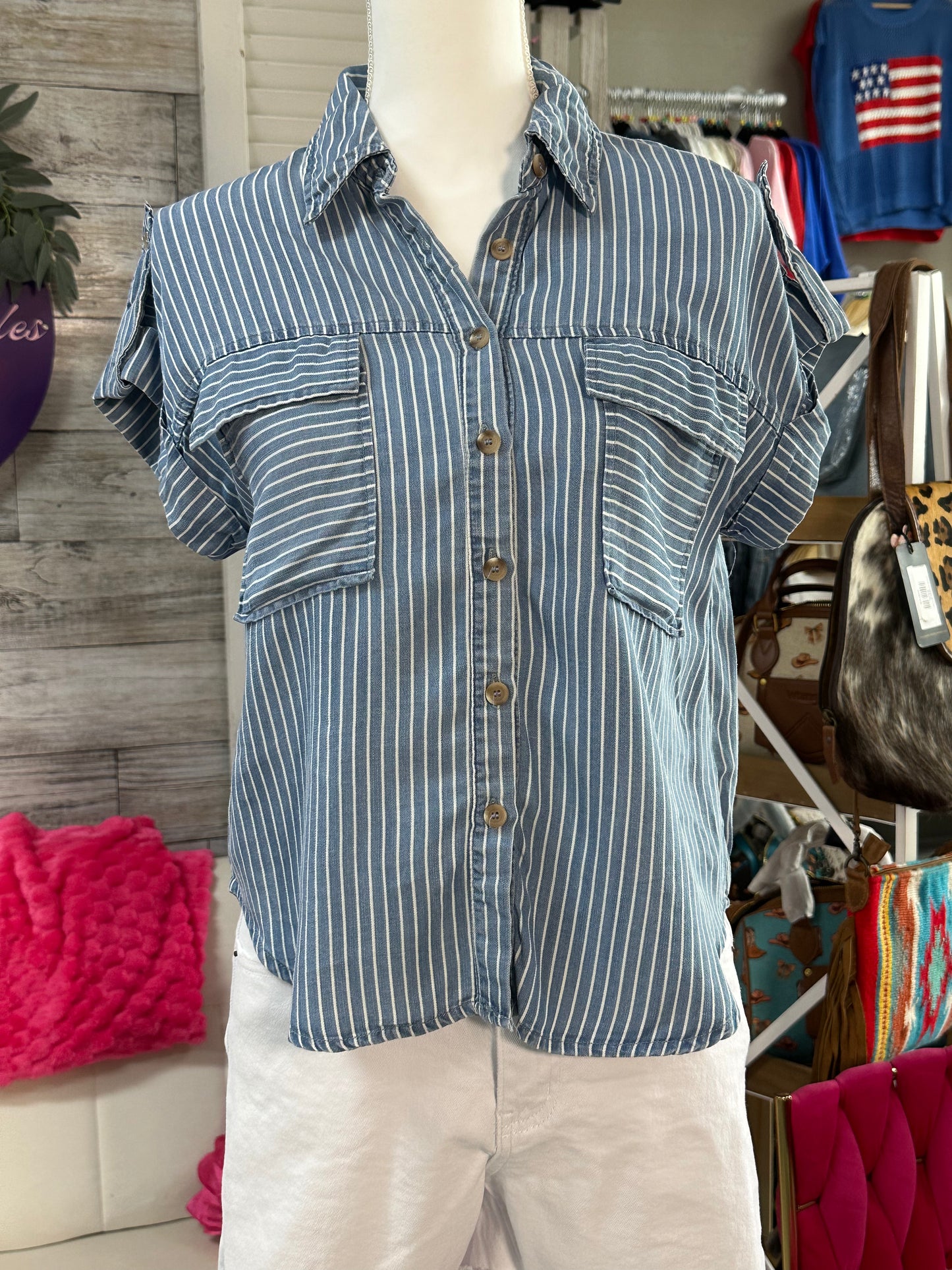 Stripe collared chambray top
