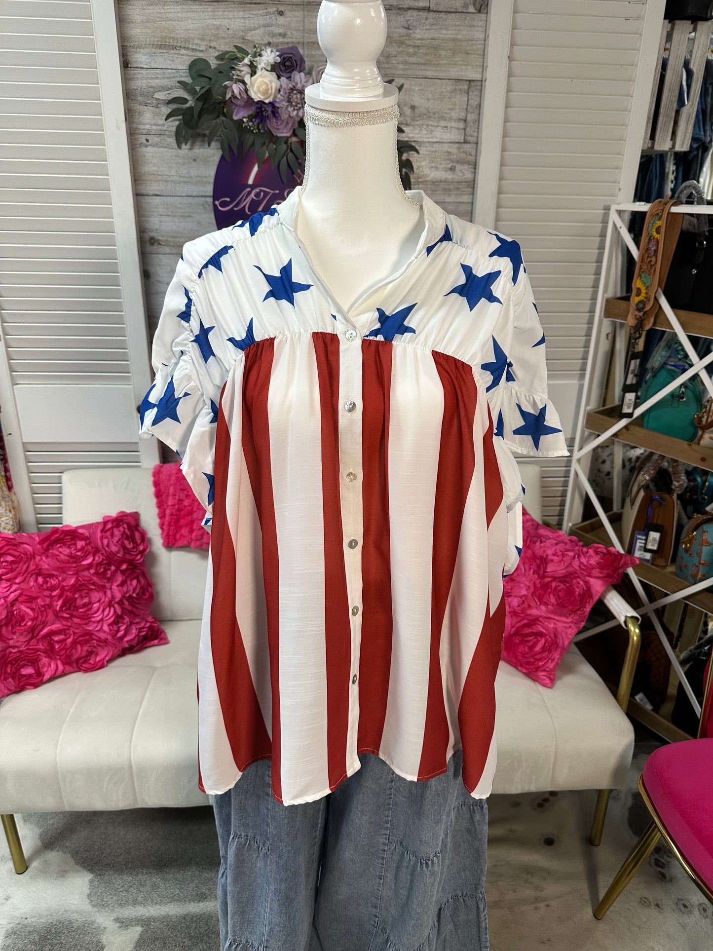 American Flag loose fit ruffle sleeve button up