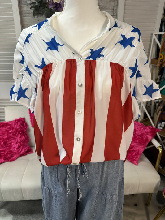 American Flag loose fit ruffle sleeve button up