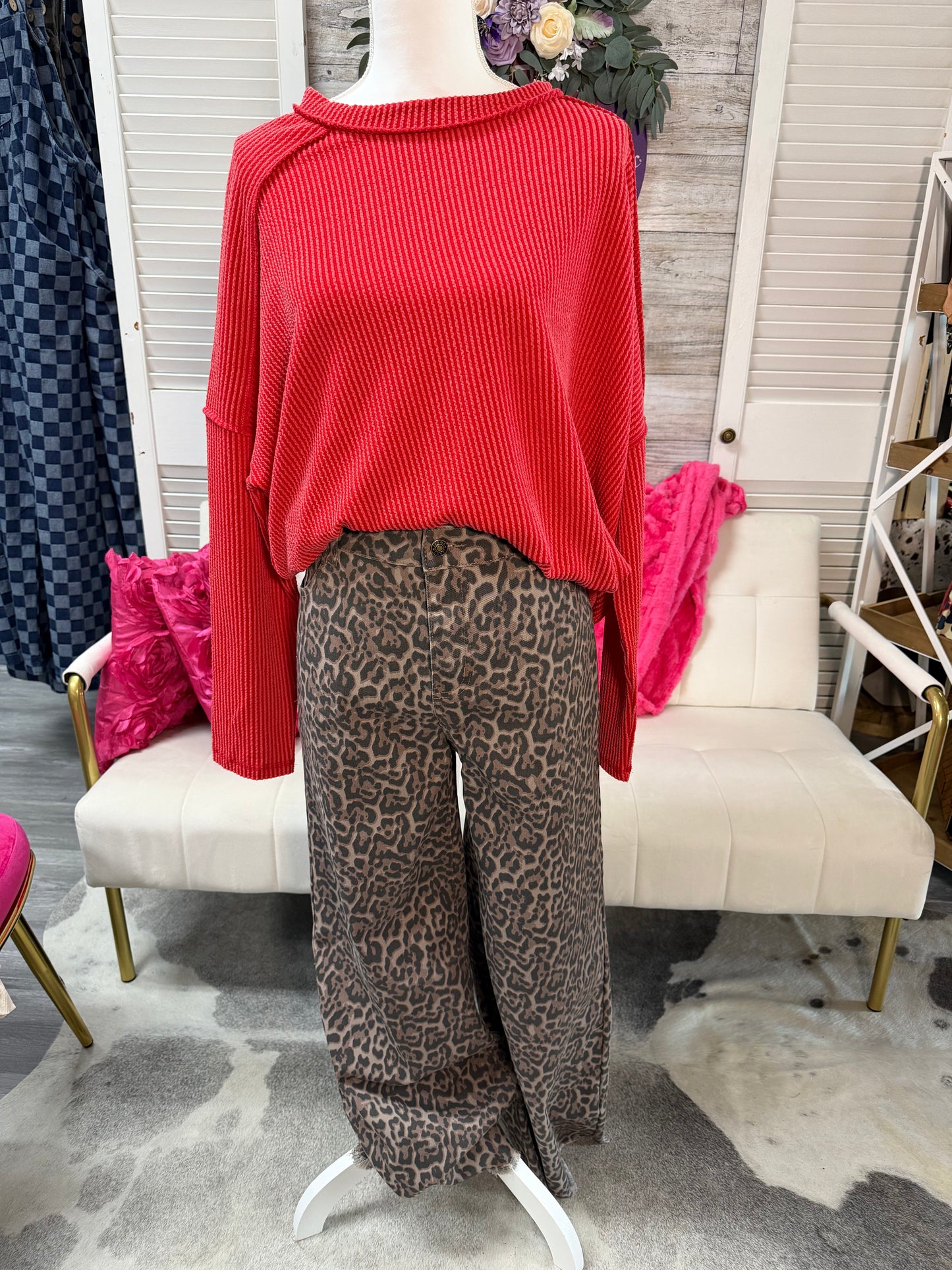 Leopard frayed edge wide leg high waist