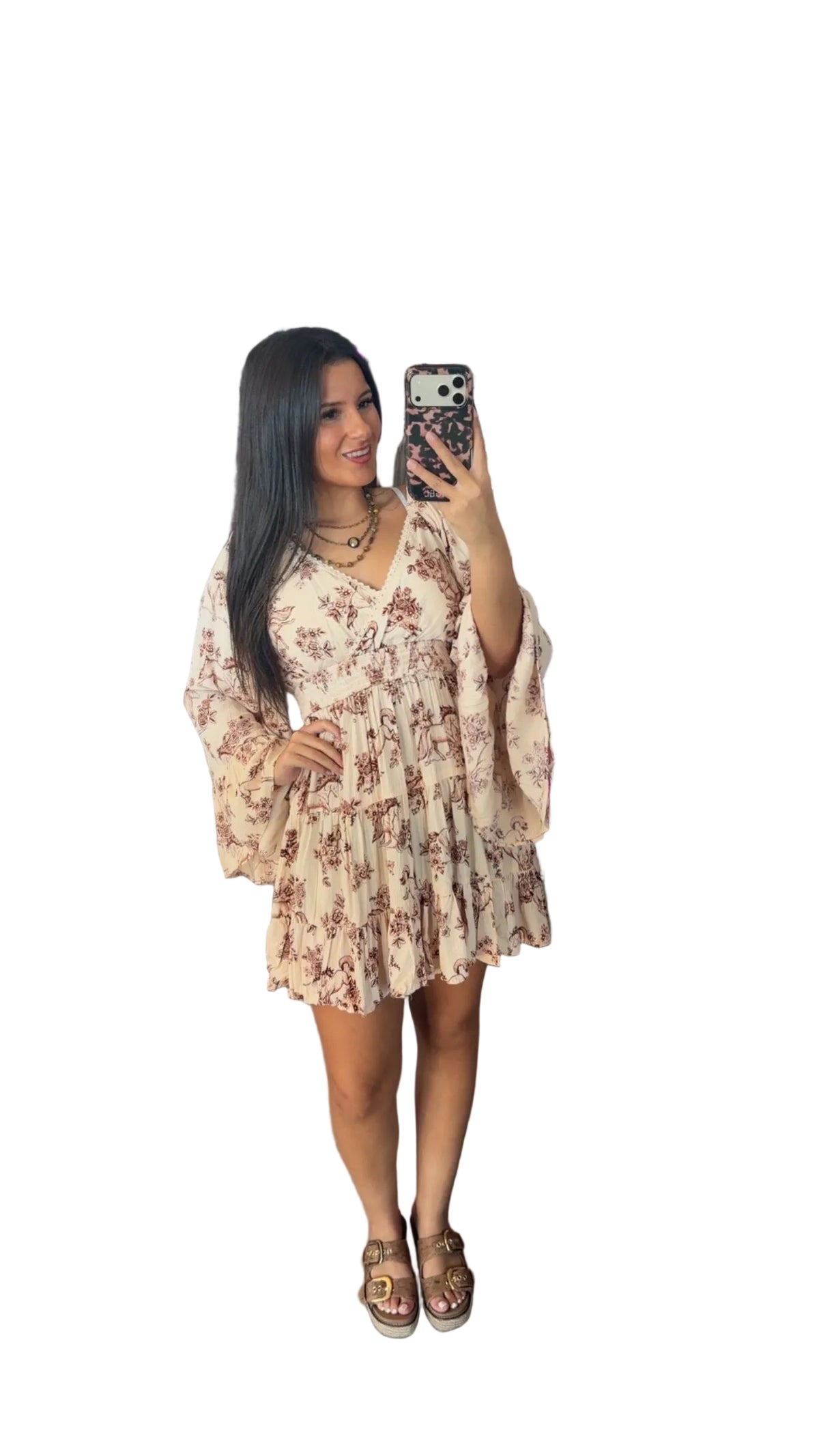 Western print bell sleeve dress