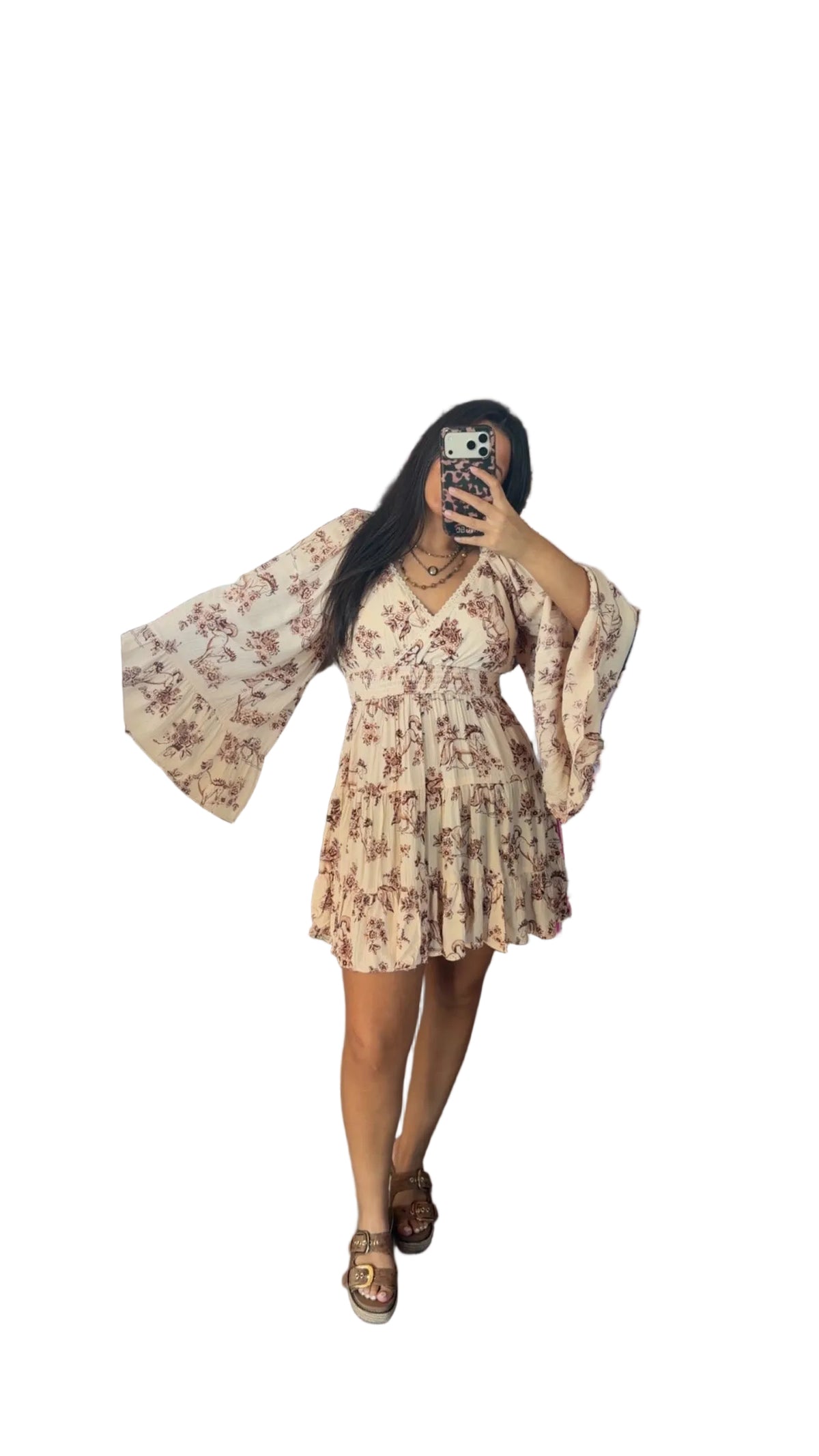 Western print bell sleeve dress