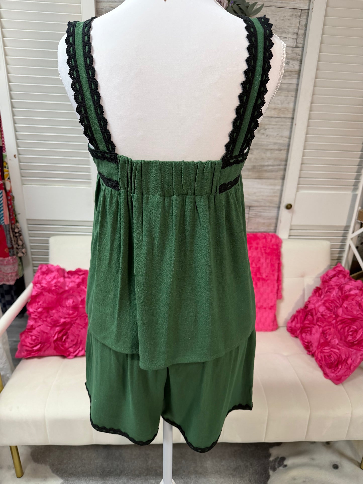 Contrast scalloped trim elastic linen shorts and cami top set