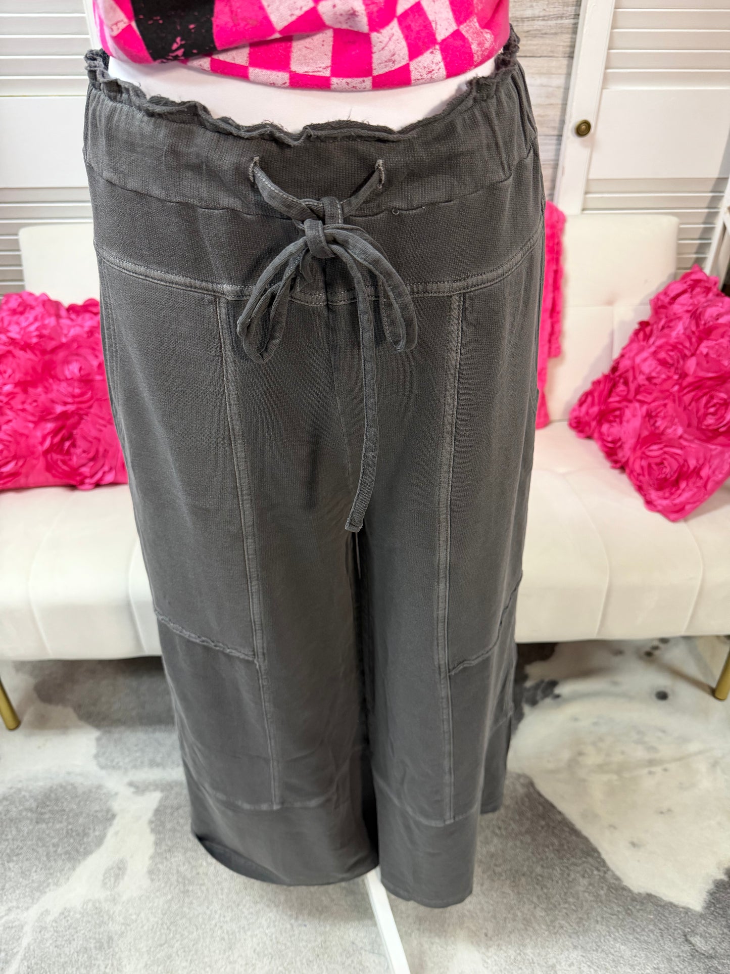 French Terry washed exposed seam wide leg pant