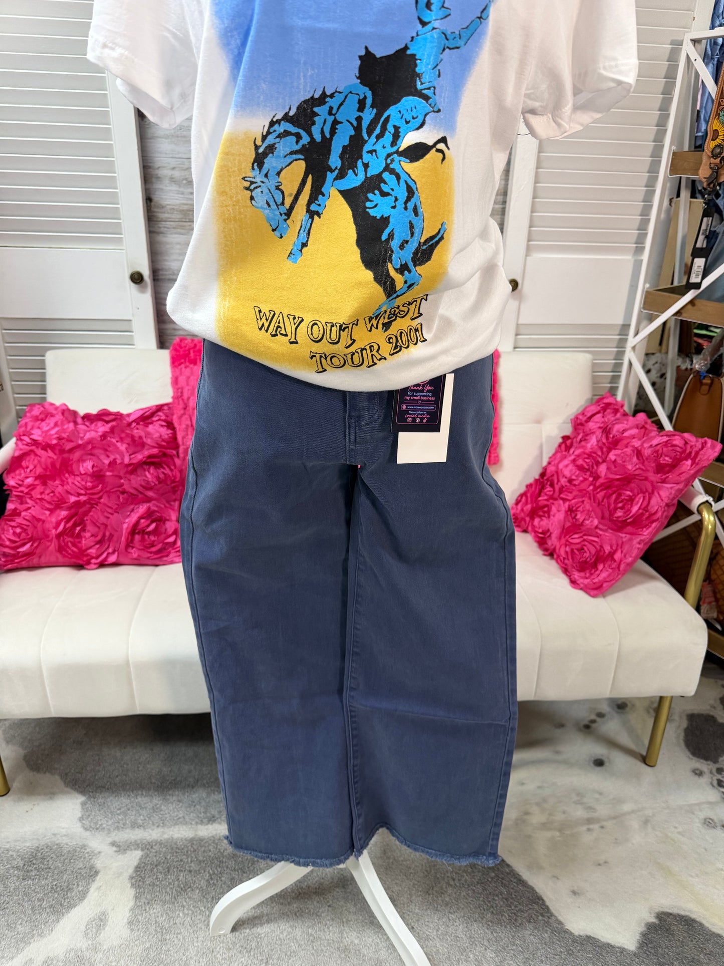 ACID WASHED FRAYED CUTOFF HEM STRAIGHT WIDE PANTS