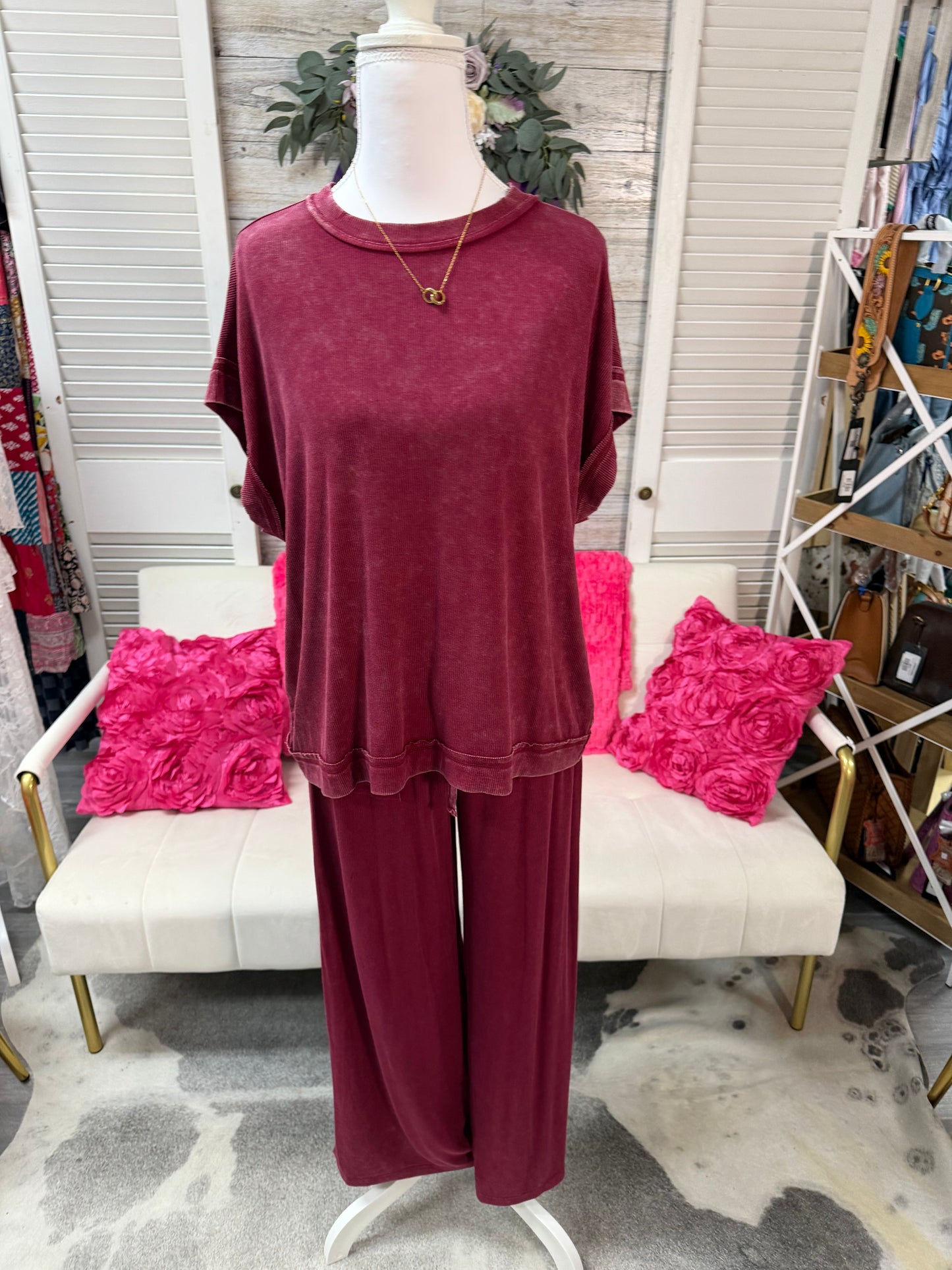 RIBBED ACID WASH RAYON TOP & PANTS SET