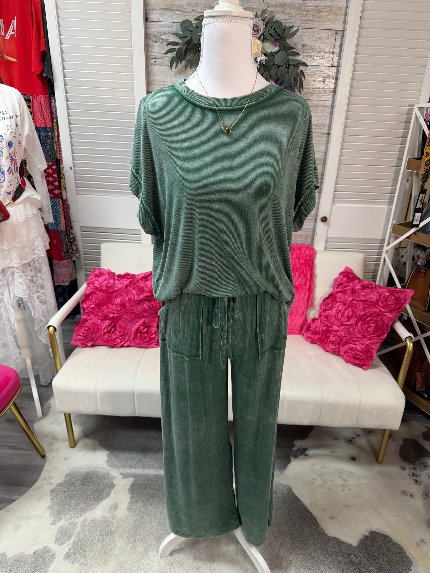 RIBBED ACID WASH RAYON TOP & PANTS SET