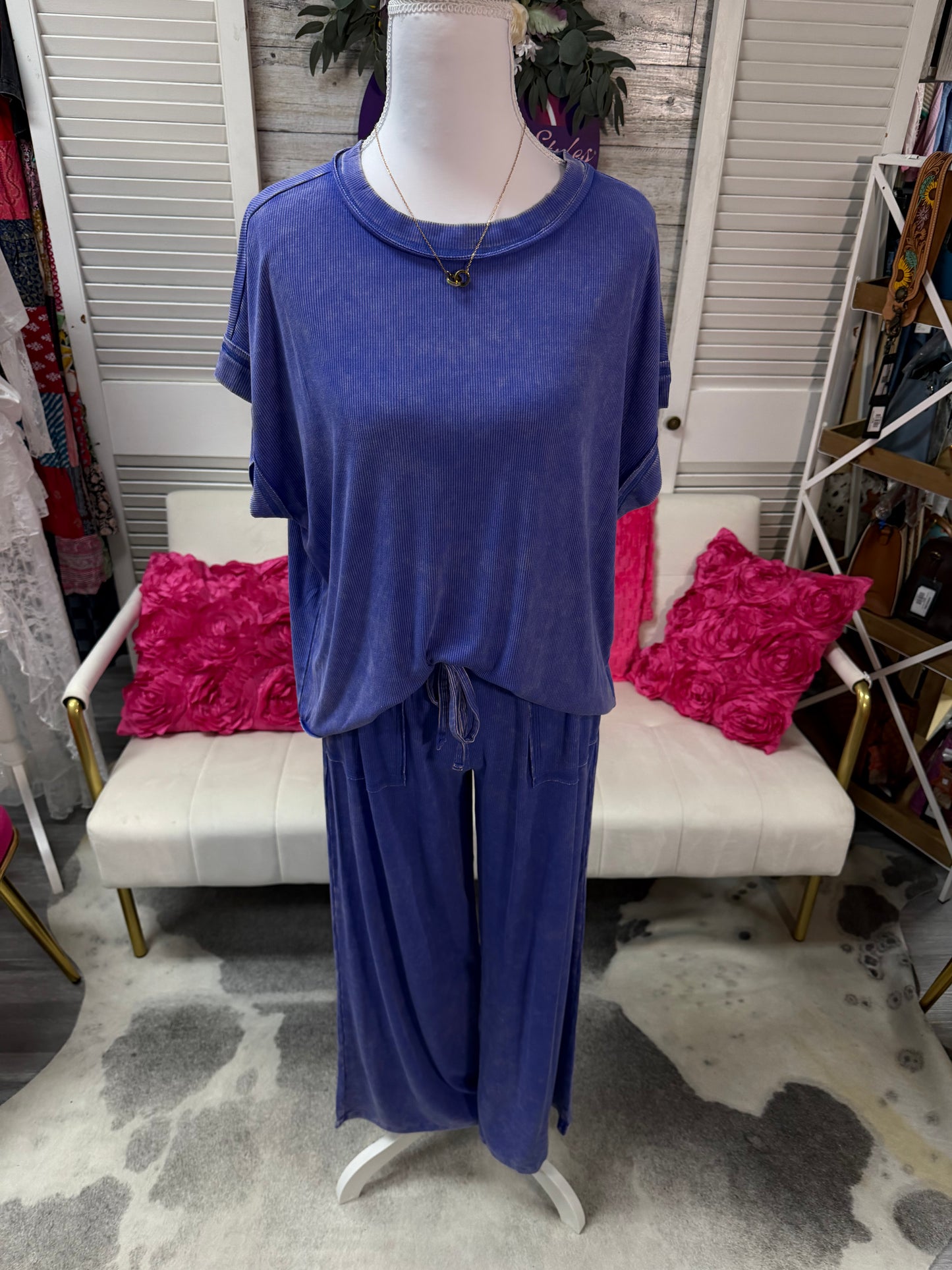 RIBBED ACID WASH RAYON TOP & PANTS SET