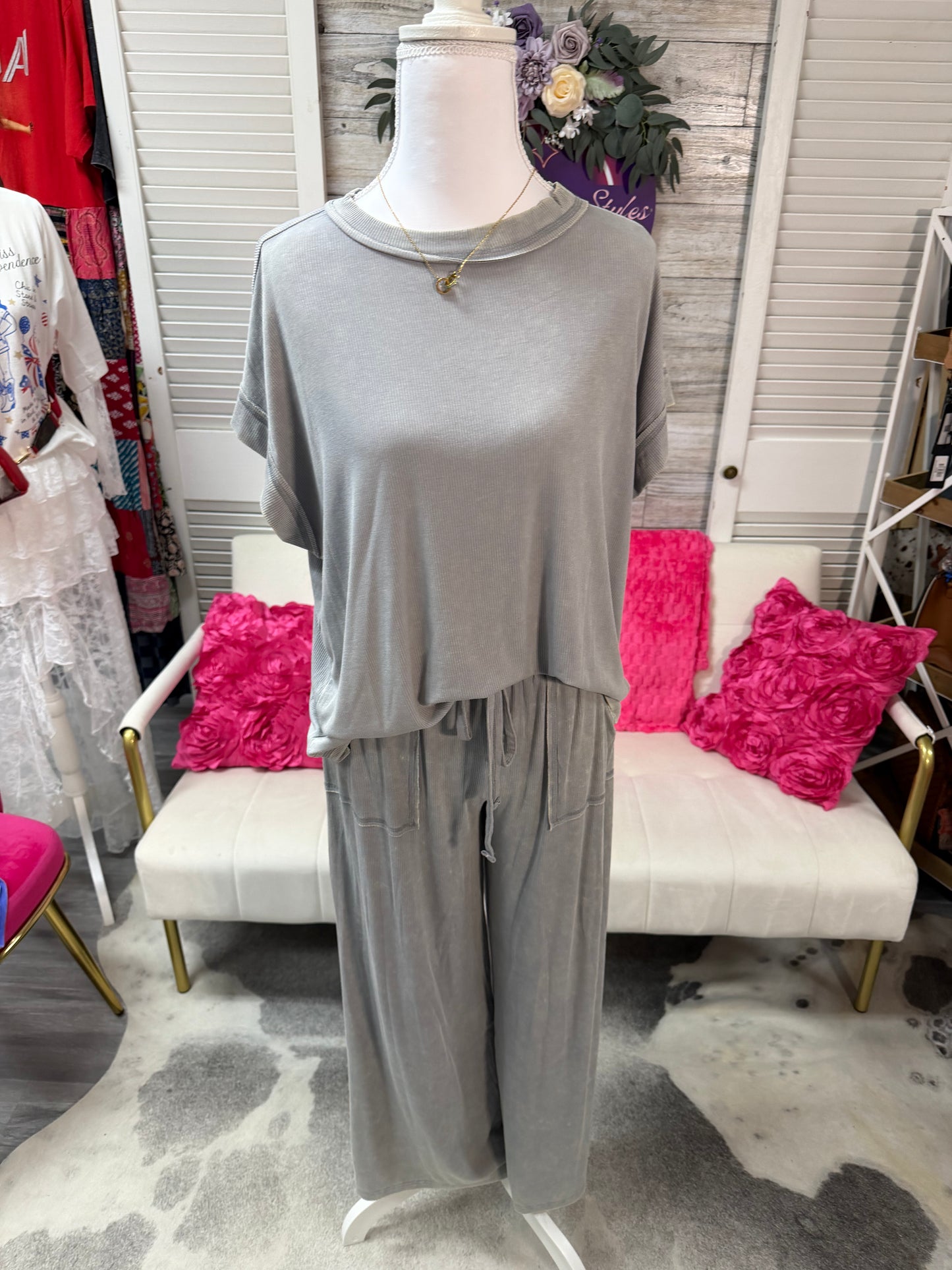 RIBBED ACID WASH RAYON TOP & PANTS SET