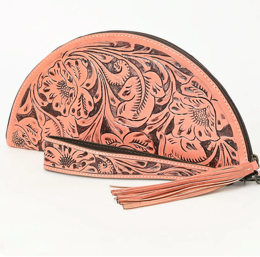 American Darling Hand tooled leather clutch semi circle
