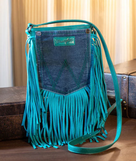 Wrangler Leather Fringe Jean Denim Pocket Crossbody