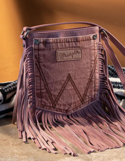 Wrangler Leather Fringe Jean Denim Pocket Crossbody