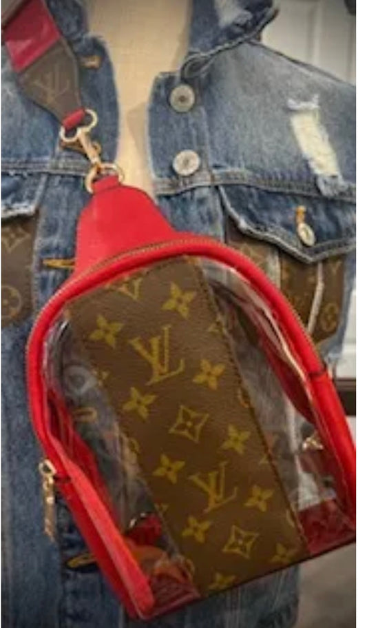 upcycled stadium bag w strip LV sling