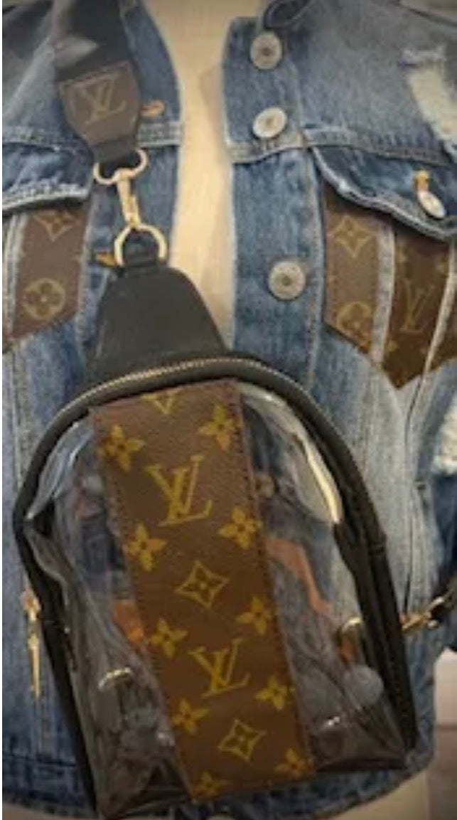 upcycled stadium bag w strip LV sling