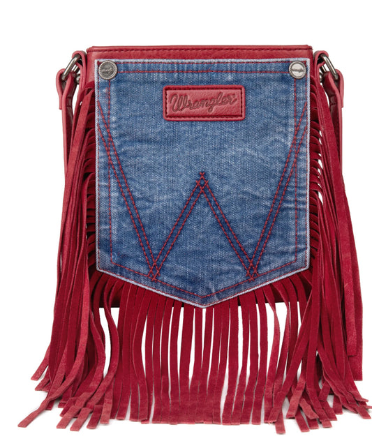 Wrangler Leather Fringe Jean Denim Pocket Crossbody