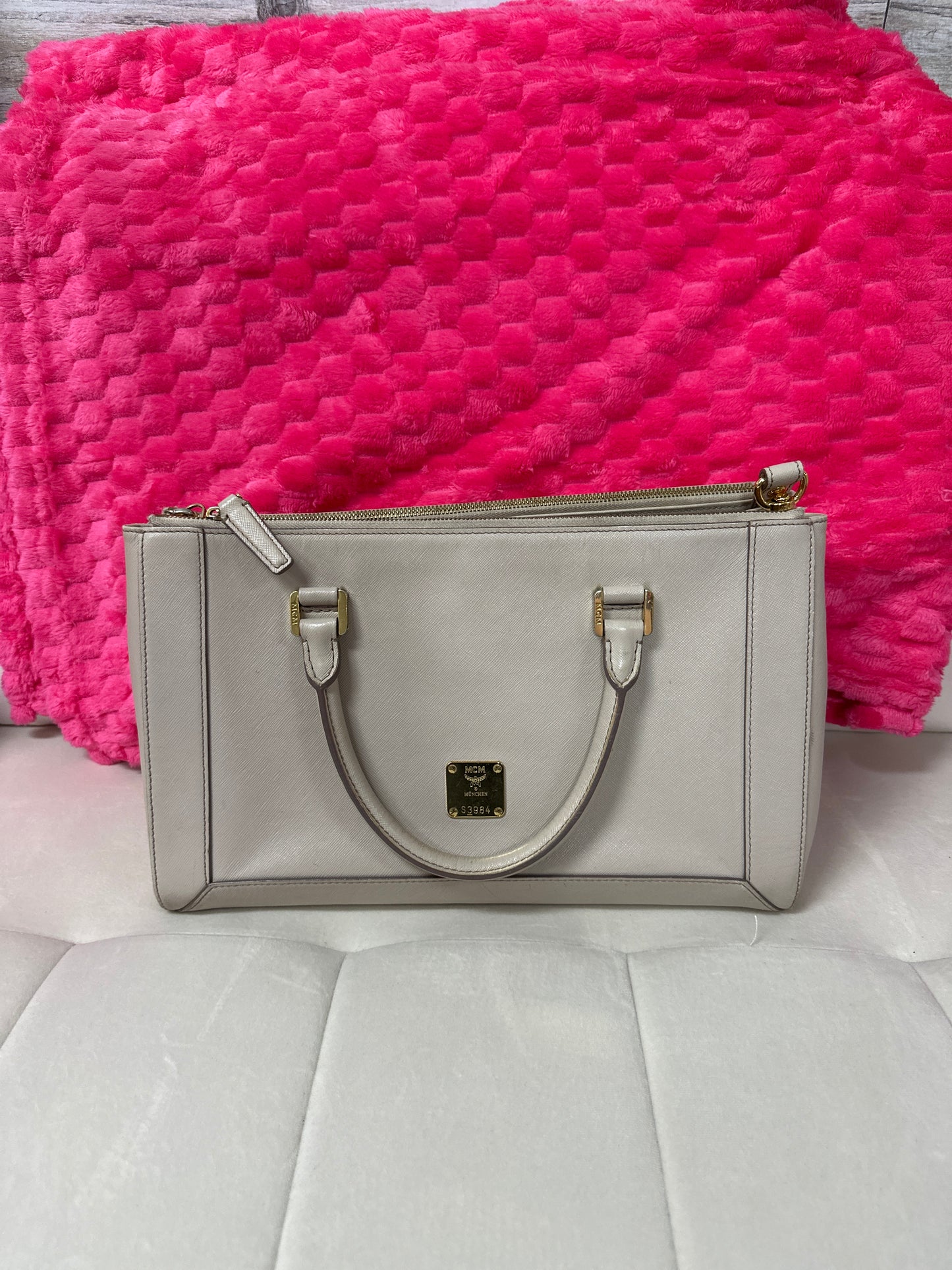 MCM cream bag top handle w strap #89