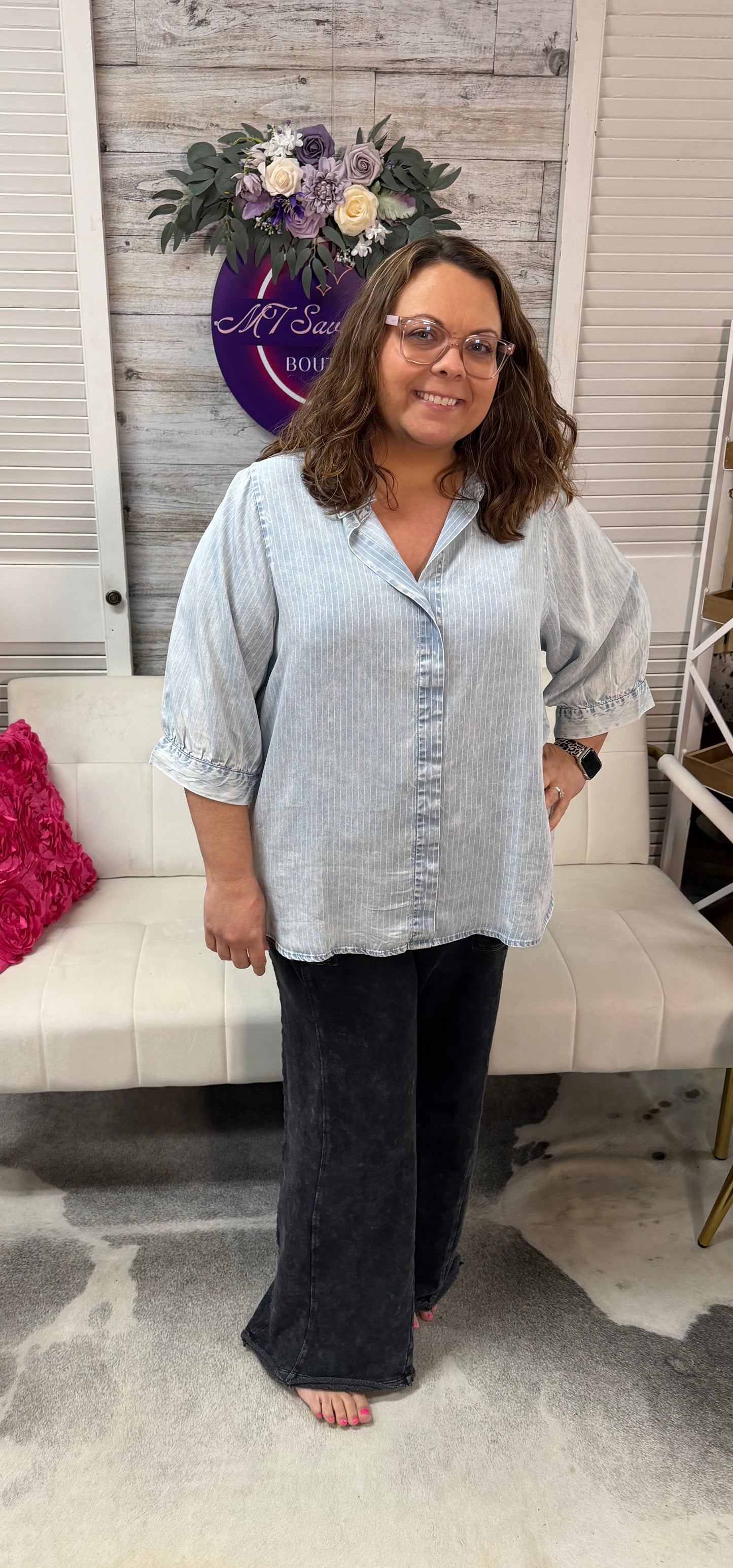 Washed Chambray Stripe Shirt Top