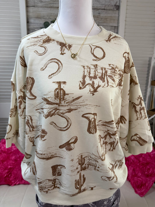 Western print short sleeve knit top