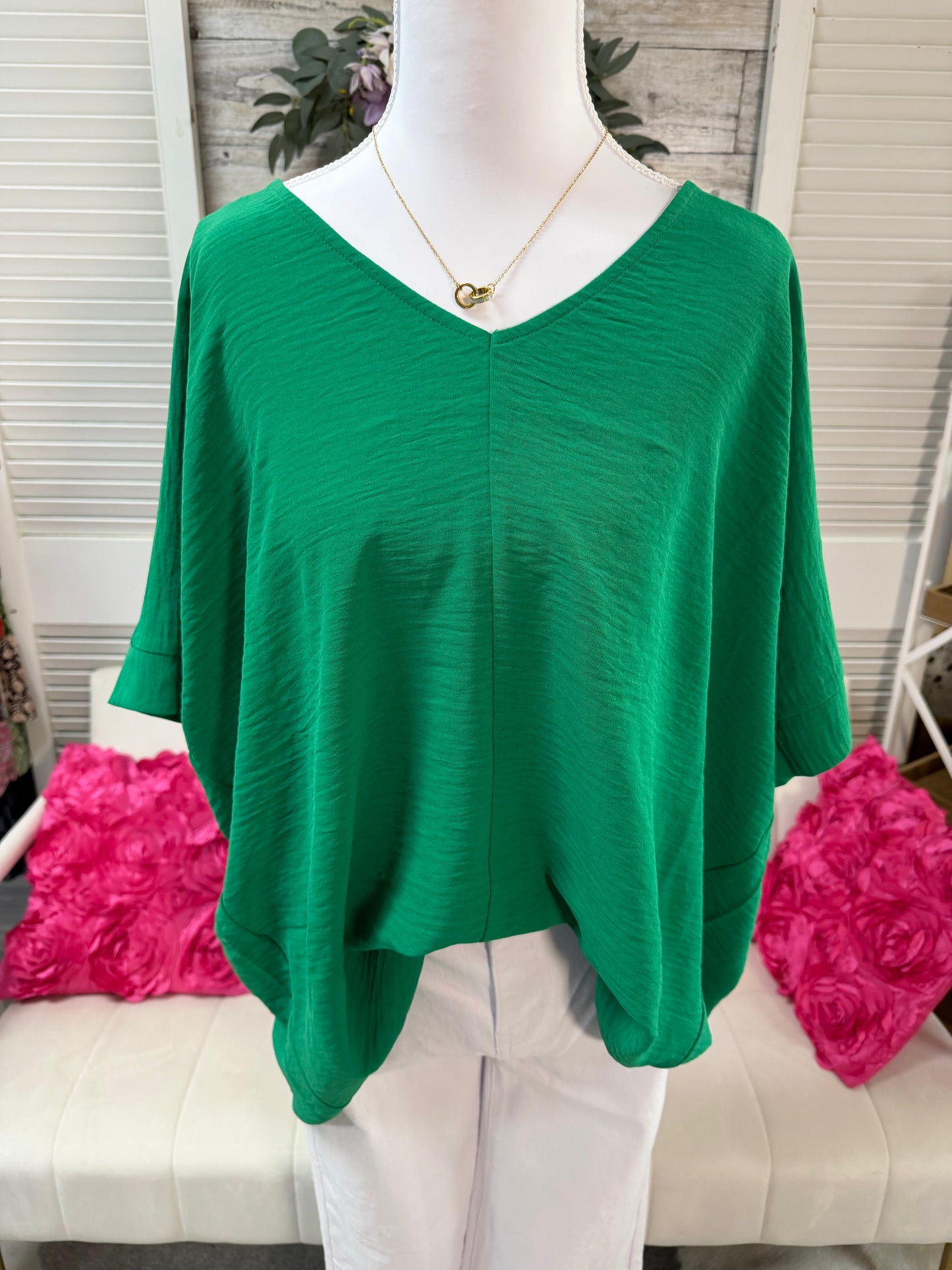 WOVEN AIRFLOW V-NECK DOLMAN SHORT SLEEVE TOP