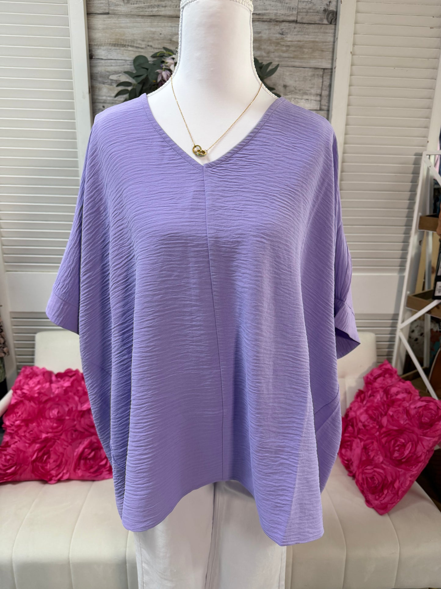 WOVEN AIRFLOW V-NECK DOLMAN SHORT SLEEVE TOP