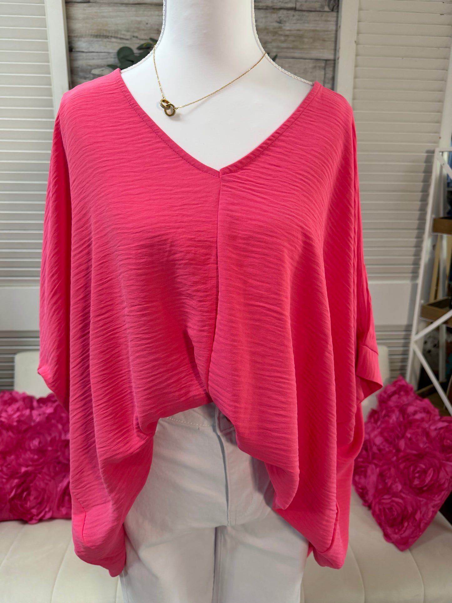 WOVEN AIRFLOW V-NECK DOLMAN SHORT SLEEVE TOP