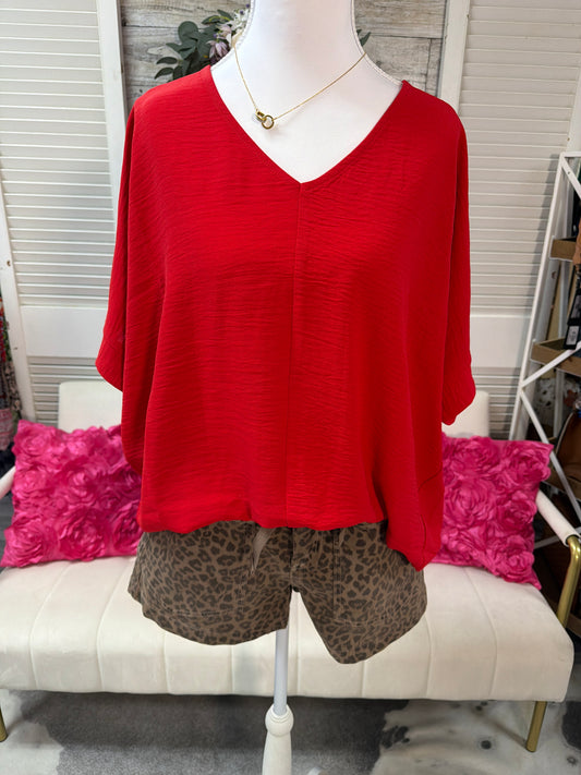 WOVEN AIRFLOW V-NECK DOLMAN SHORT SLEEVE TOP