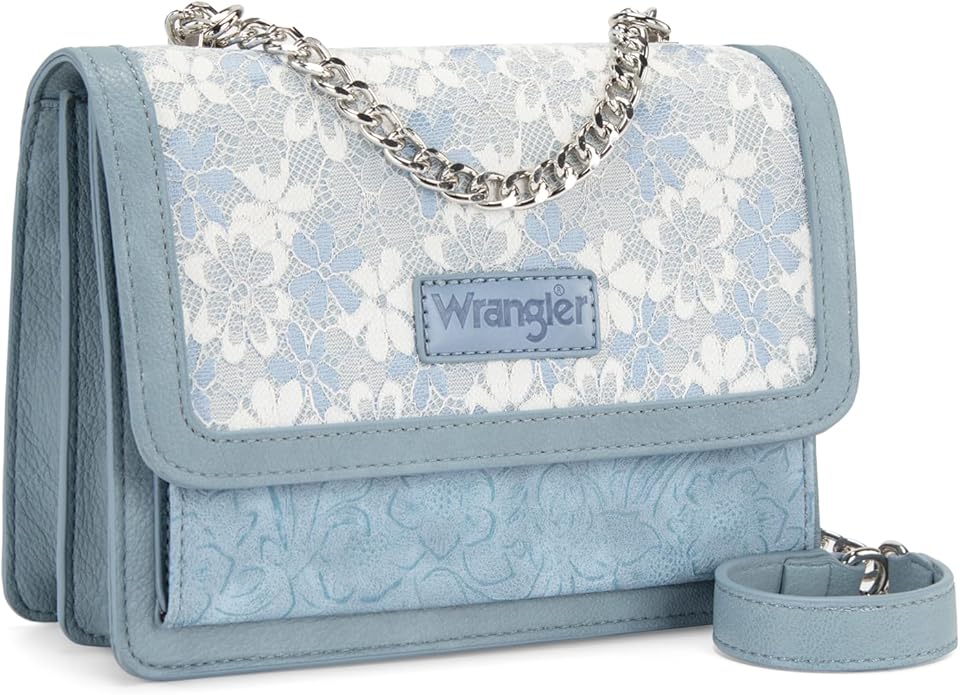 Wrangler Flap Shoulder Bag for Women Vintage Floral Tooled Crossbody Purse with Chain Strap