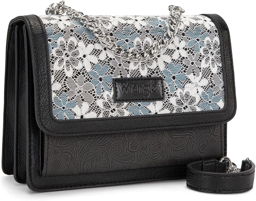 Wrangler Flap Shoulder Bag for Women Vintage Floral Tooled Crossbody Purse with Chain Strap