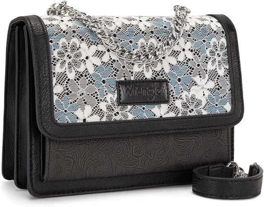 Wrangler Flap Shoulder Bag for Women Vintage Floral Tooled Crossbody Purse with Chain Strap