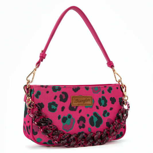 Wrangler Leopard Print Canvas Shoulder Bag with Chain Strap